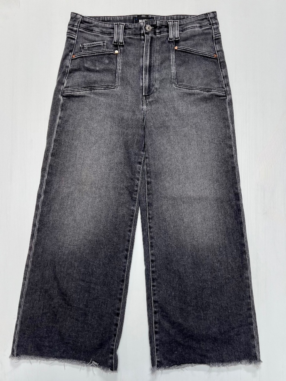 PAIGE Anessa Black Jasper High Rise Wide Leg Raw Hem Jeans Size 30